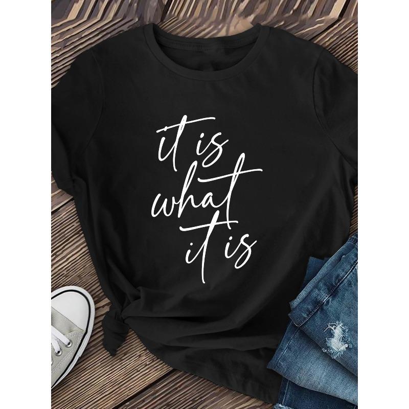T-shirt à Motif Imprimé Naturel Style Calligraphie Manuscrite Minimaliste Tailles Européennes, Vêtements pour Femmes, Manches Courtes Décontractées pour Femmes