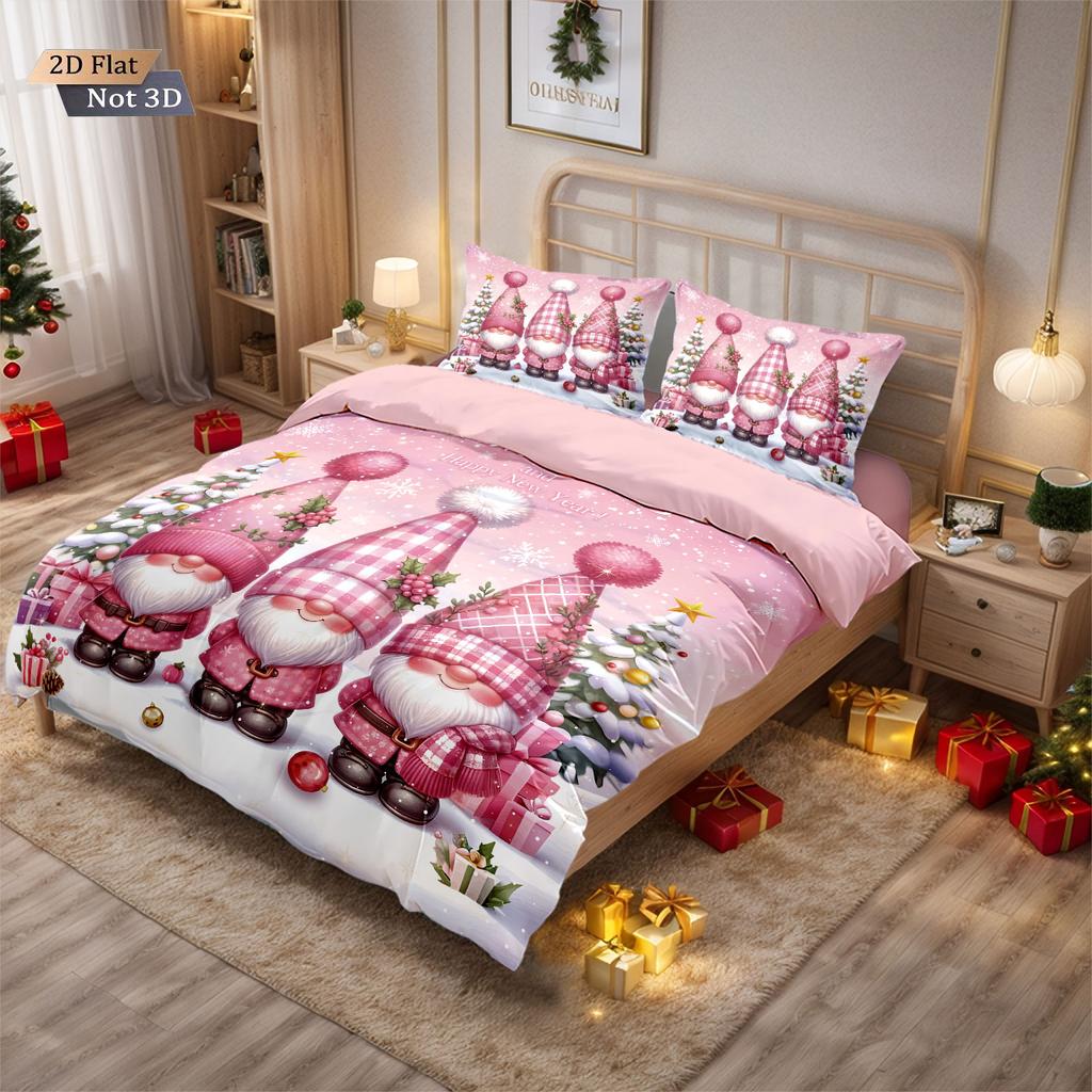 3pcs Pink Merry Christmas Little Dwarf Printed Chipless Bedding Set Multi Size Bedroom Bedding Decoration Machine Washable