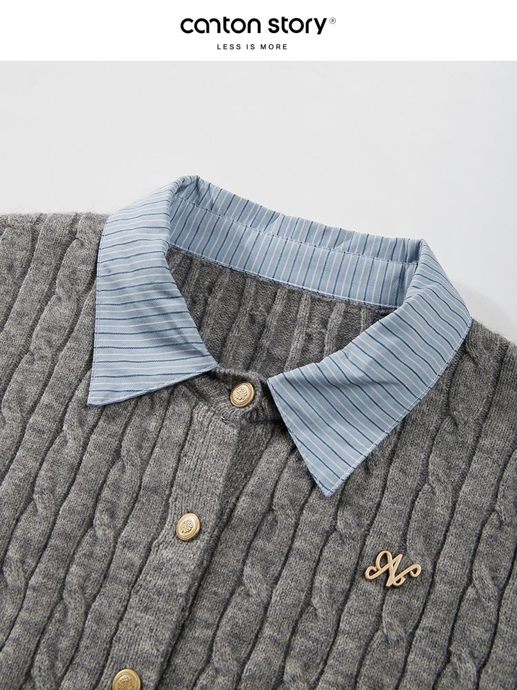 Yangcheng Story Women's Slim Fit Grey Faux Two-Piece Knit Cardigan for Autumn 2025