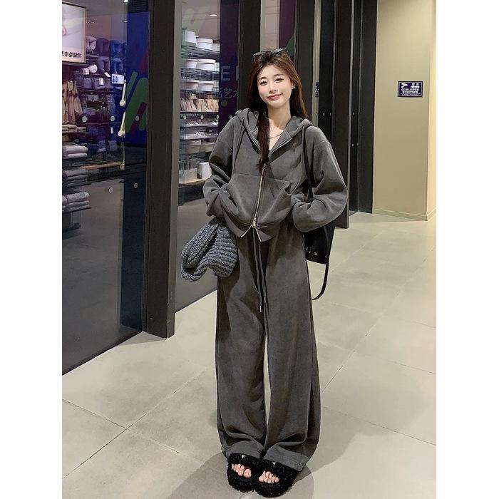 

«Костюм для отдыха из двух частей с капюшоном из шенилла и спандекса абрикосового/темно-серого цвета» M темно-серого