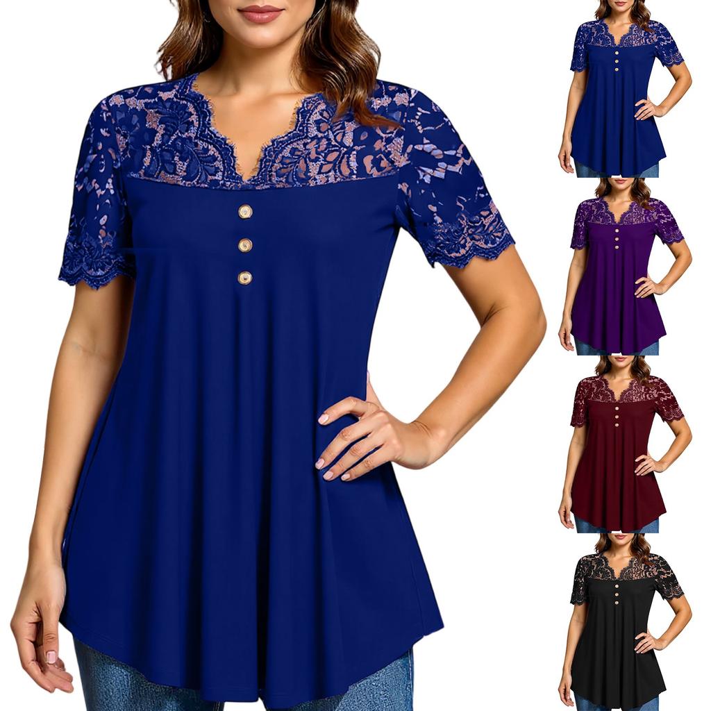 Women's Solid Color Lace V-neck Short Sleeved Casual Top