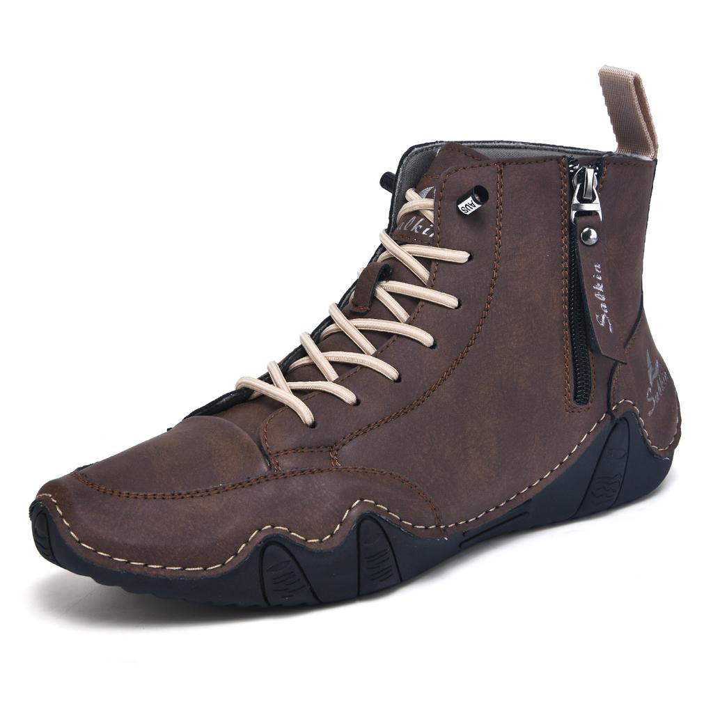 New 2025 Handmade Casual Shoes Men Sneakers Ankle Boots Leather Side Zipper Comfortable Breathable Anti-Slip Outdoor Walking