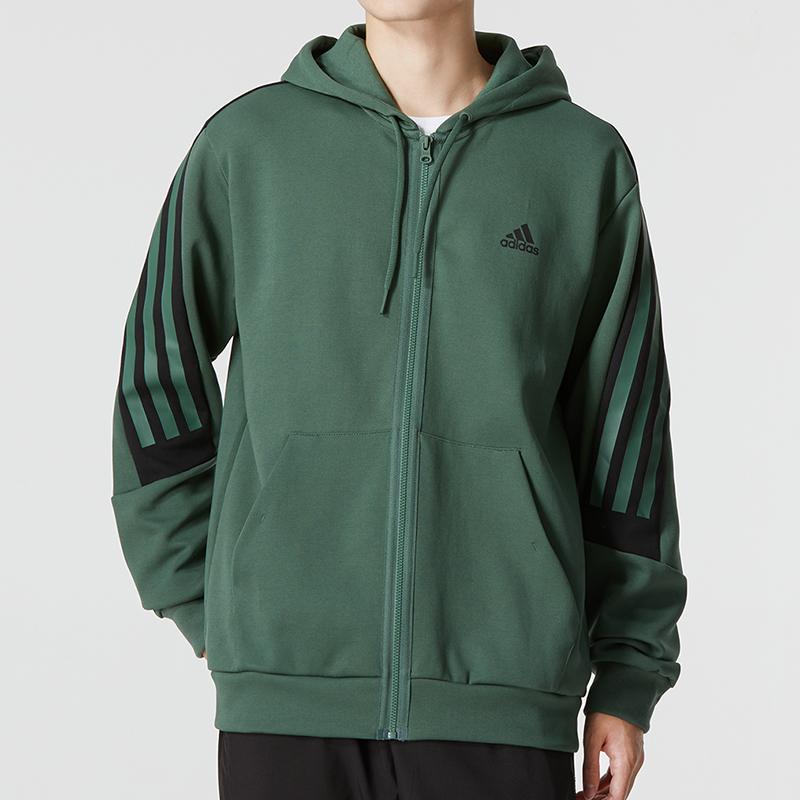 Adidas Striped Logo Sports Casual Knit Hooded Jacket Men Outerwear Green HC5841