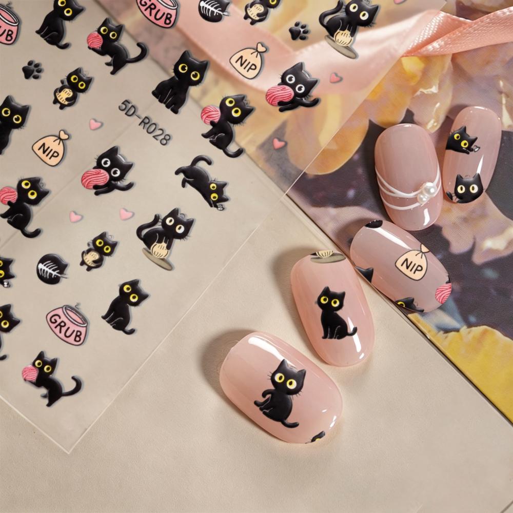 5D Cat Nail Art Stickers Black Kitten Design Self Adhesive Nail Decals for Women And Spring Summer Manicure Decor