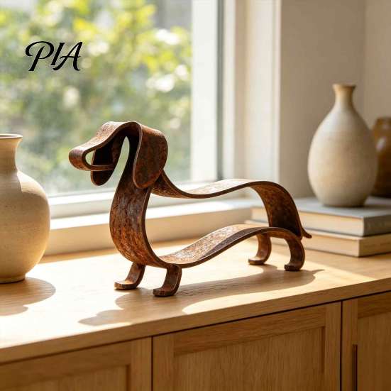 Außenhofkunst für Hundebesitzer Rustikale Dackel Metallskulptur, Minimalistische Linien Eisenstatue, Vintage Künstlerische Innenregal Dekoration Wiener