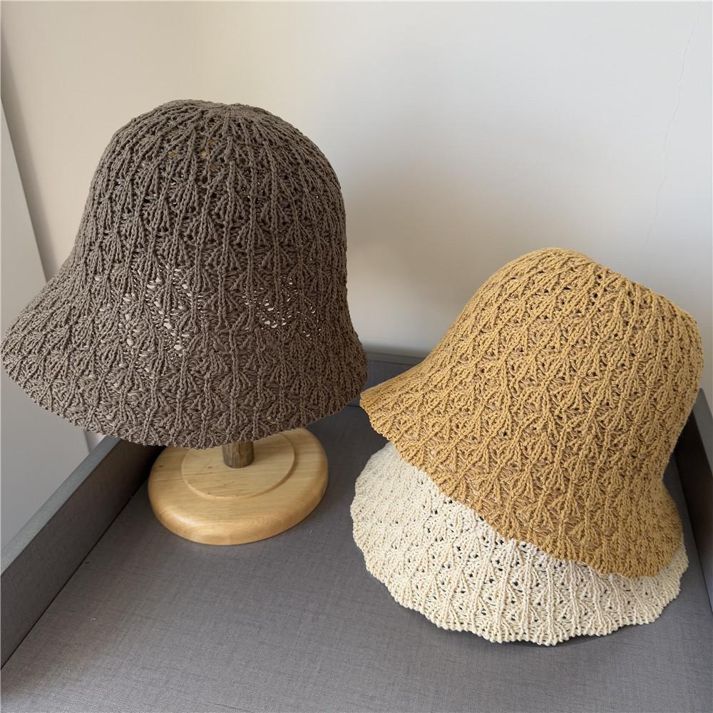 Hollow Thin Breathable Dome Basin Hat Crocheted Bucket Hat Women's Spring and Summer Fresh Age-reducing Bucket Hat with Split Ends