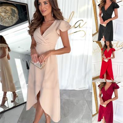 V-neck Waist Lotus Sleeve Irregular Dress Woman Polyester Vetement Femme Tendance Vestidos Verano Summer Dress Women
