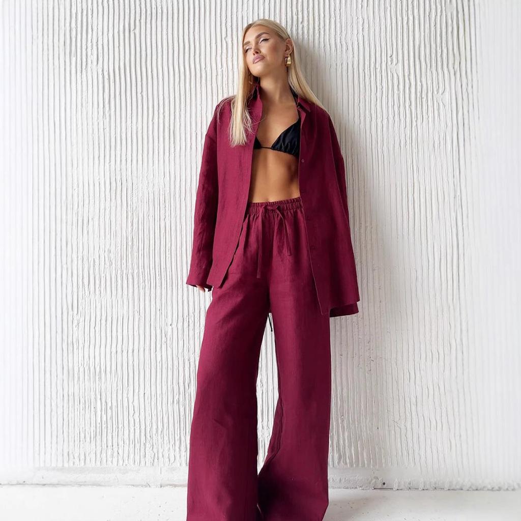 Women's 2025 European & American Spring/Summer Casual Loose Long-Sleeved Shirt and Trousers Set