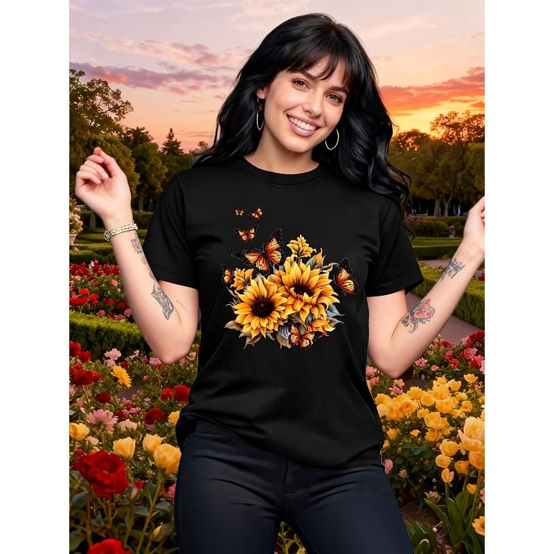 

European sizes Women s T-Shirt with Sunflower Butterfly Floral Print, Round Neck Short Sleeve, Vacation Birthday Party, Sweet Cute Gift for Women 4XL чорний