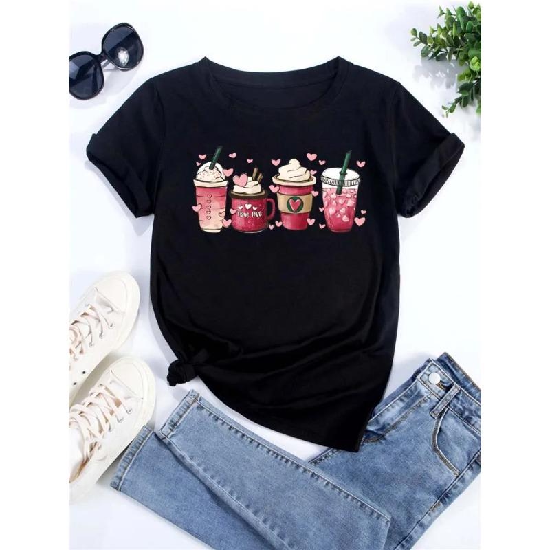 Sommar Rund Hals 3D Kaffekopp Tryck Topp Trendig Vardaglig Kortärmad Dam T-shirts