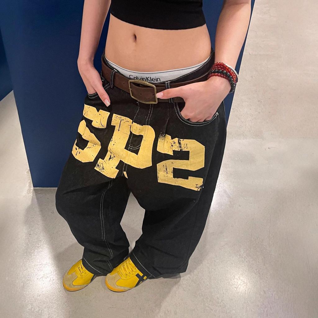 EastRogue Amerikanisch gewaschener Denim Riss-Print Lässige Jeans Locker Herren Damen Locker Schlankmachend Bodenlange Hose Hoher Bund Weiter Bein