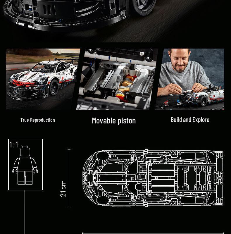 Model samochodu sportowego Porsche 911RSR: Zdalne sterowanie i montaż DIY kompatybilny z Lego