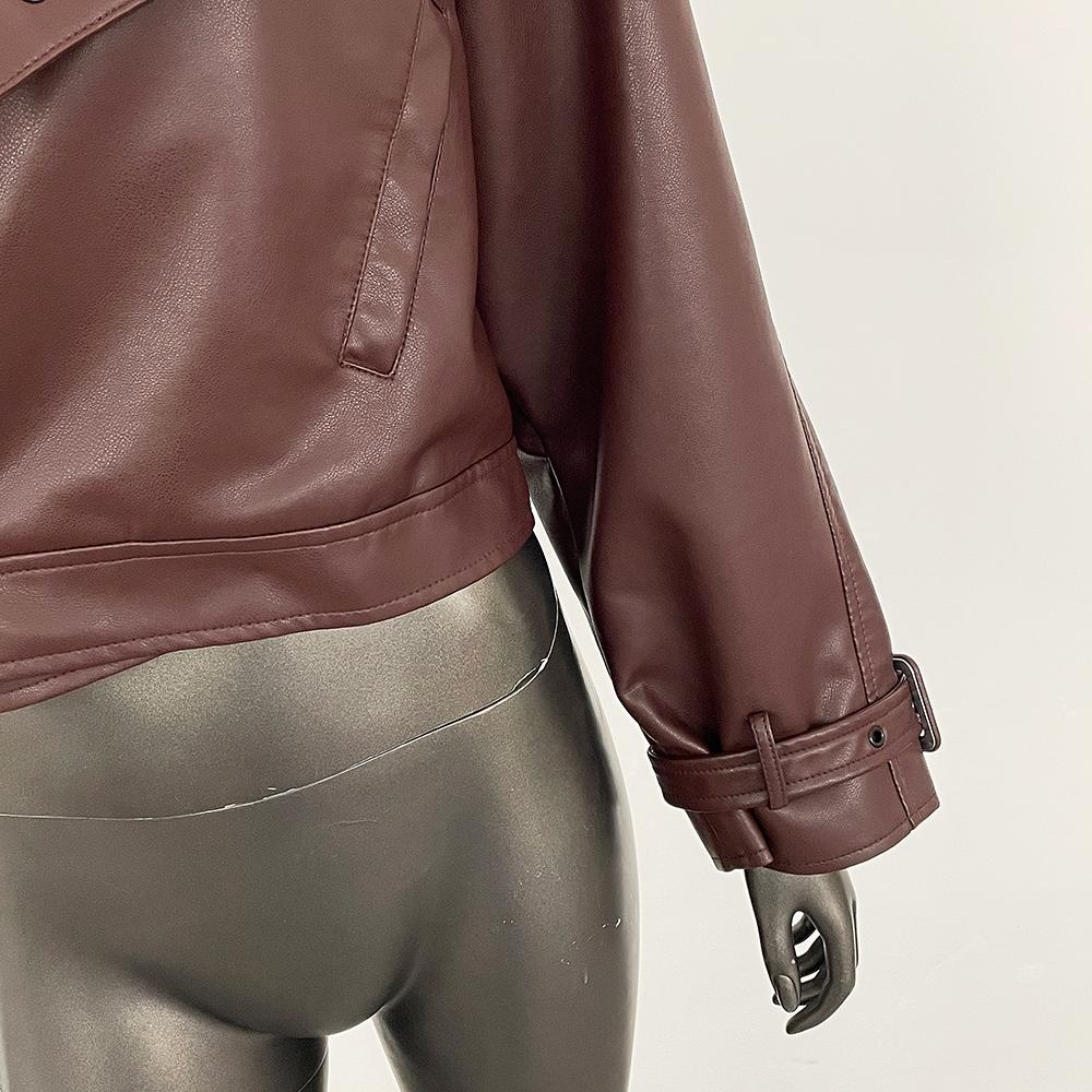 OFTBUY Dámská vintage volná krátká bunda z umělé kůže s páskem na motorku, dámská retro moto bikerská bunda, svrchní prádlo, topy