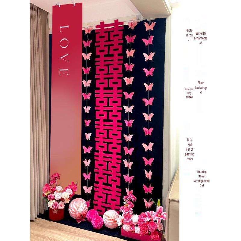 3D Butterfly Wedding Room Decoration Set: Double Happiness Curtains and Pull Flower Ornaments
