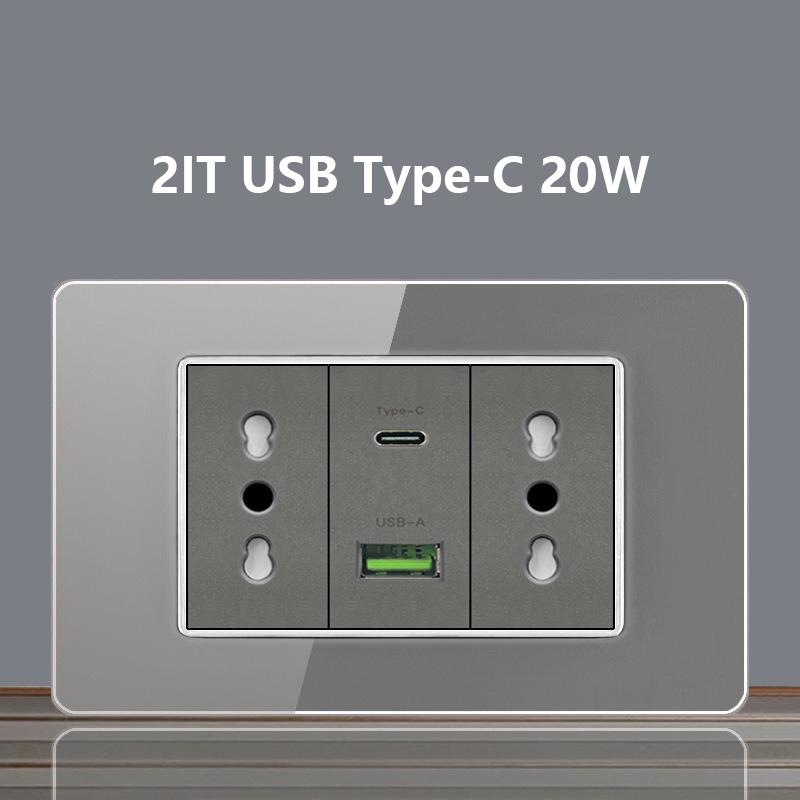 Italy Chile Socket with USB Smart Type-c 20W Fast Charging Glass Wall Electric Light Switch,Thai US Brazil Dual USB Power Socket