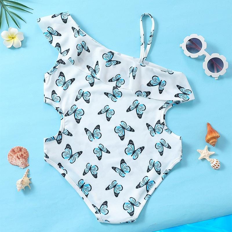 Girls' One-Shoulder Butterfly Print Lace Swimsuit - Cartoon Bikini One-Piece Summer Beachwear