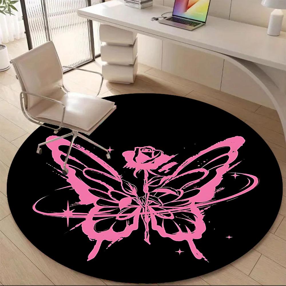 1 Stück Schmetterling Rosenmuster Büro Runder Teppich, Matte Geeignet Für Büro, Unter Bürostühlen Schlafzimmer Wohnzimmer Heimdekoration, Raumdeko