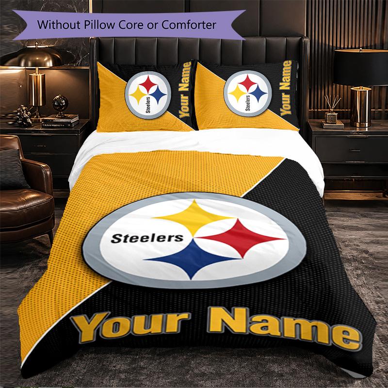 Pittsburgh Steelers Customized Name Text Bedding Set, 1 Duvet Cover & 2 Pillowcases Personalized Bedroom Gift