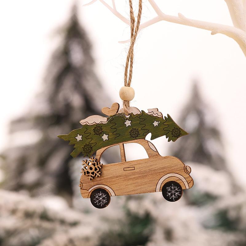 Car Ornaments Small Christmas Tree Hanging Wooden Pendants Elk Cartoon Animal Ornaments 2025 New Christmas Holiday Decorations