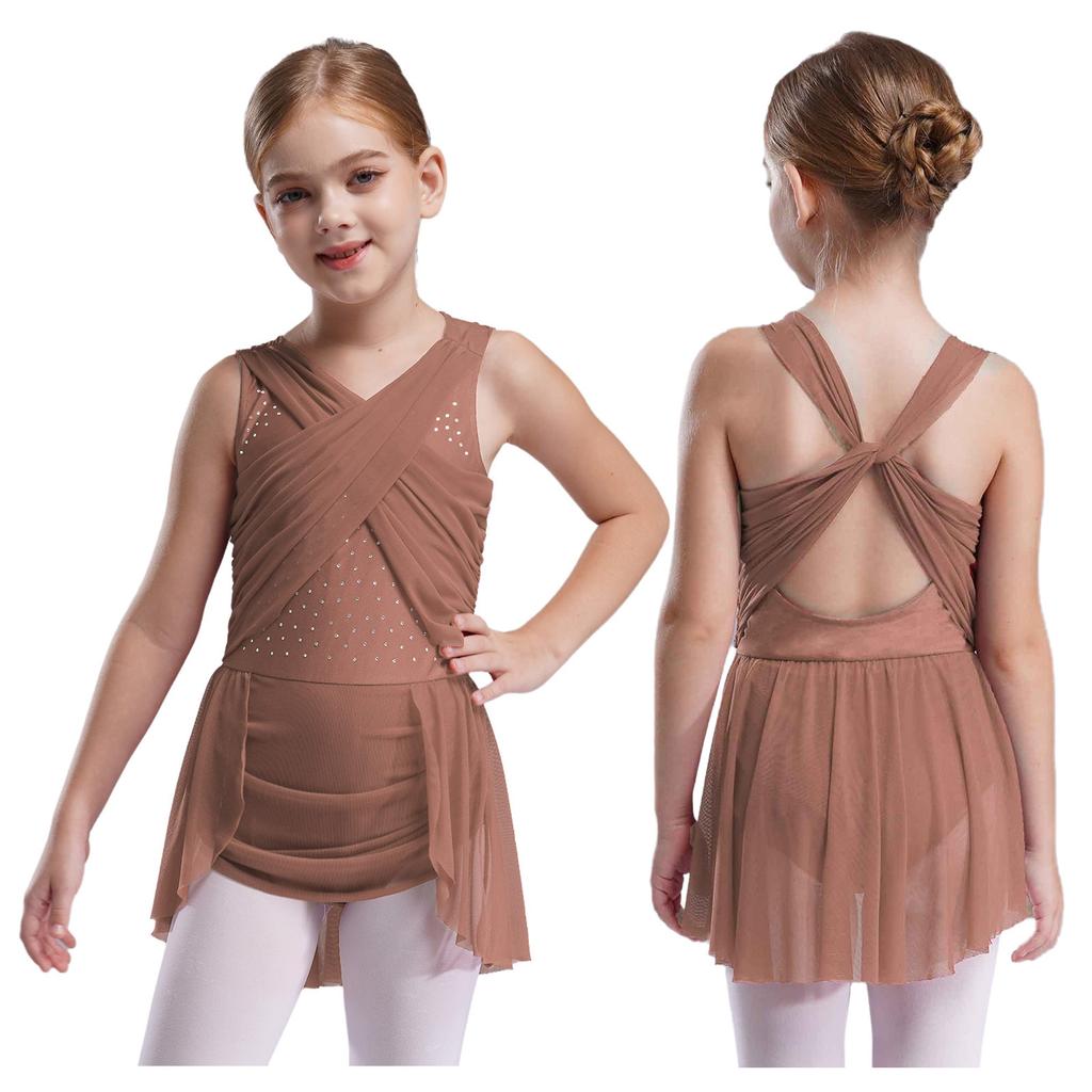 Girls Figure Skating Dress, Lyrical Dance Costume with Mesh Overlay, Cutout Back, Shiny Rhinestones & Irregular Hem
