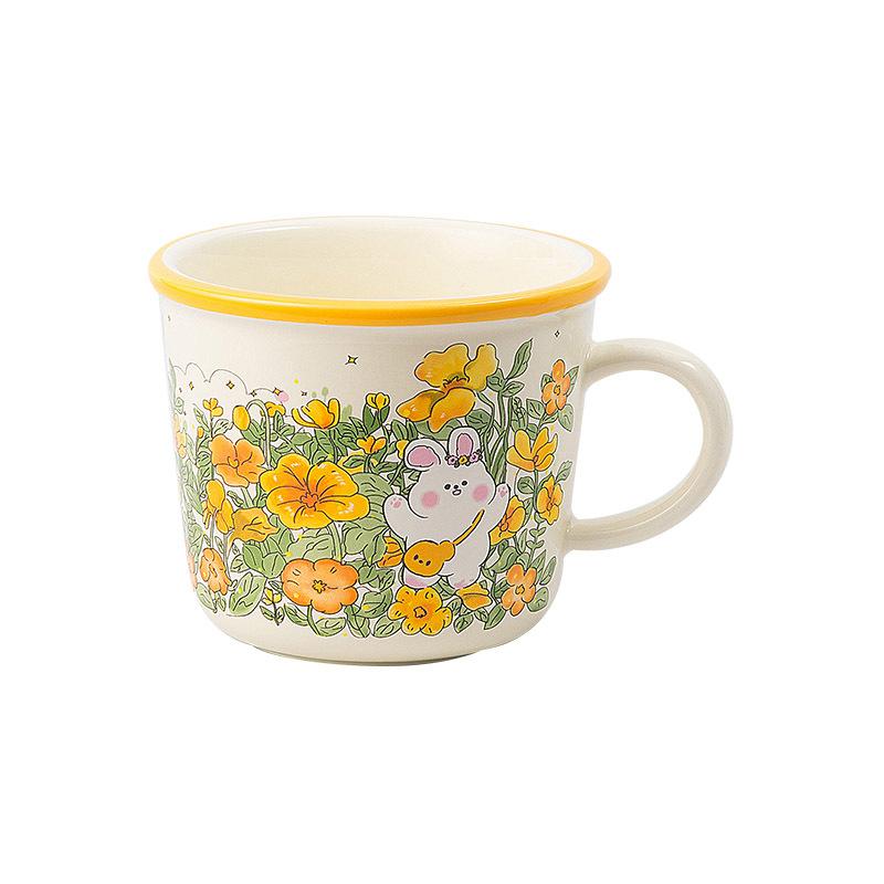 Cute Cartoon Ceramic Cup Water Cup Milk Cup Breakfast Cup Children's Cup Flowers Bunny Girls Gift Cup