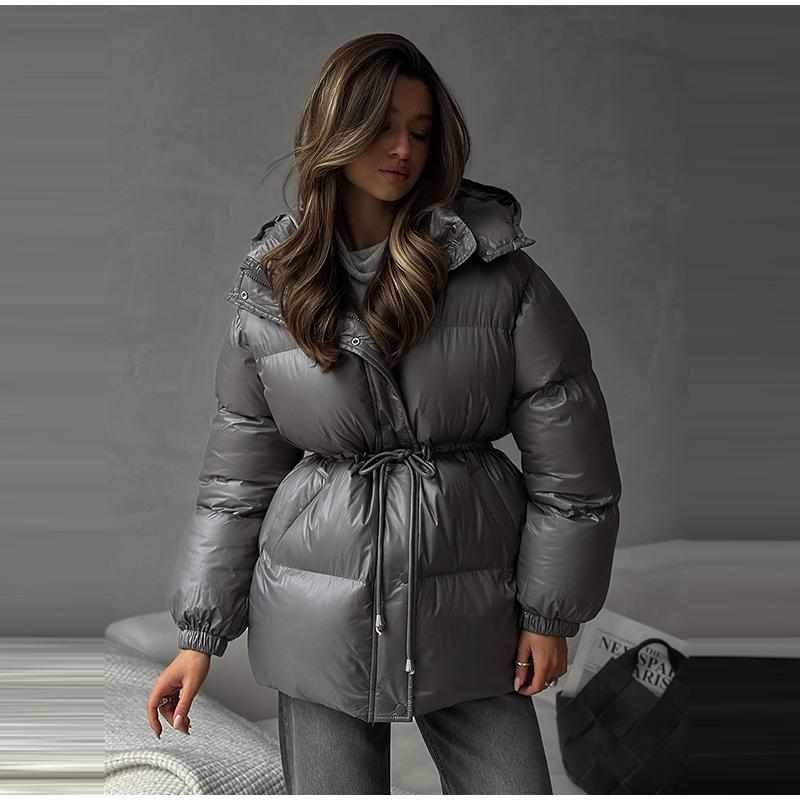 Solid Zipper Drawstring Puffer Jacket Quilted Water Resistant Loose Winter Warm Women Outerwear Daily Causal Coat