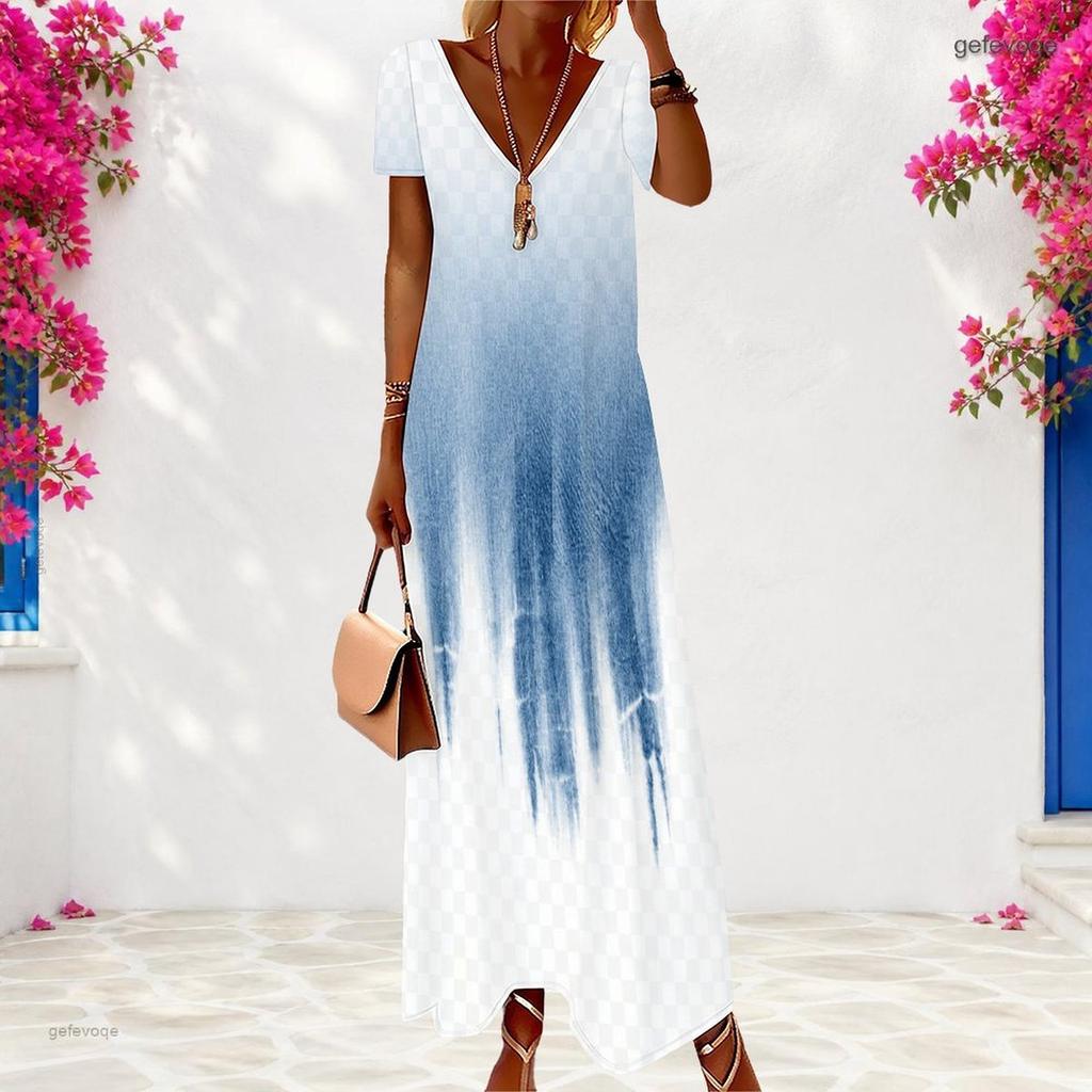 Women Plus Size V Neck Short Sleeve Printed Casual Maxi Dress