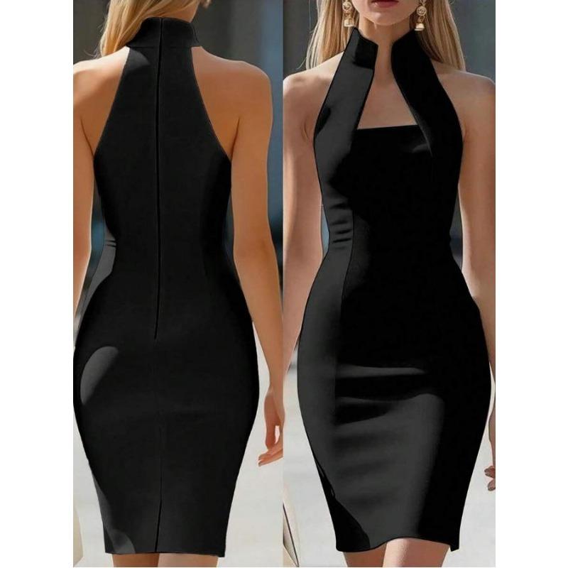 Women High Neck Sleeveless Slim Fit Bodycon Midi Dress For Banquet Party