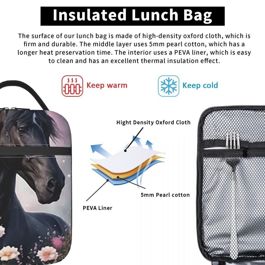 Verzaubertes Schwarzes Pferd in Blumen Isoliert Lunchtasche für Kinder Schule Kühlbox Thermische Lebensmittelbox Tragetasche Auslaufsicher Lunchboxen Behälter