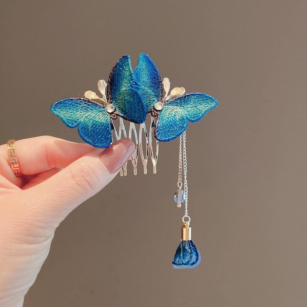 

Элегантный синий вышитый гребень для волос с бабочкой - аксессуар для прически в древнем стиле