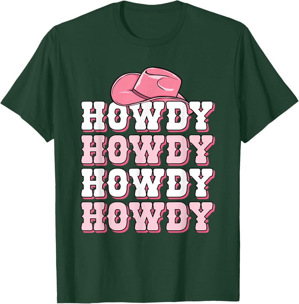 Howdy Pink Cowboy Hat Western Graphic Tee Soft Breathable Casual T-Shirt for Women