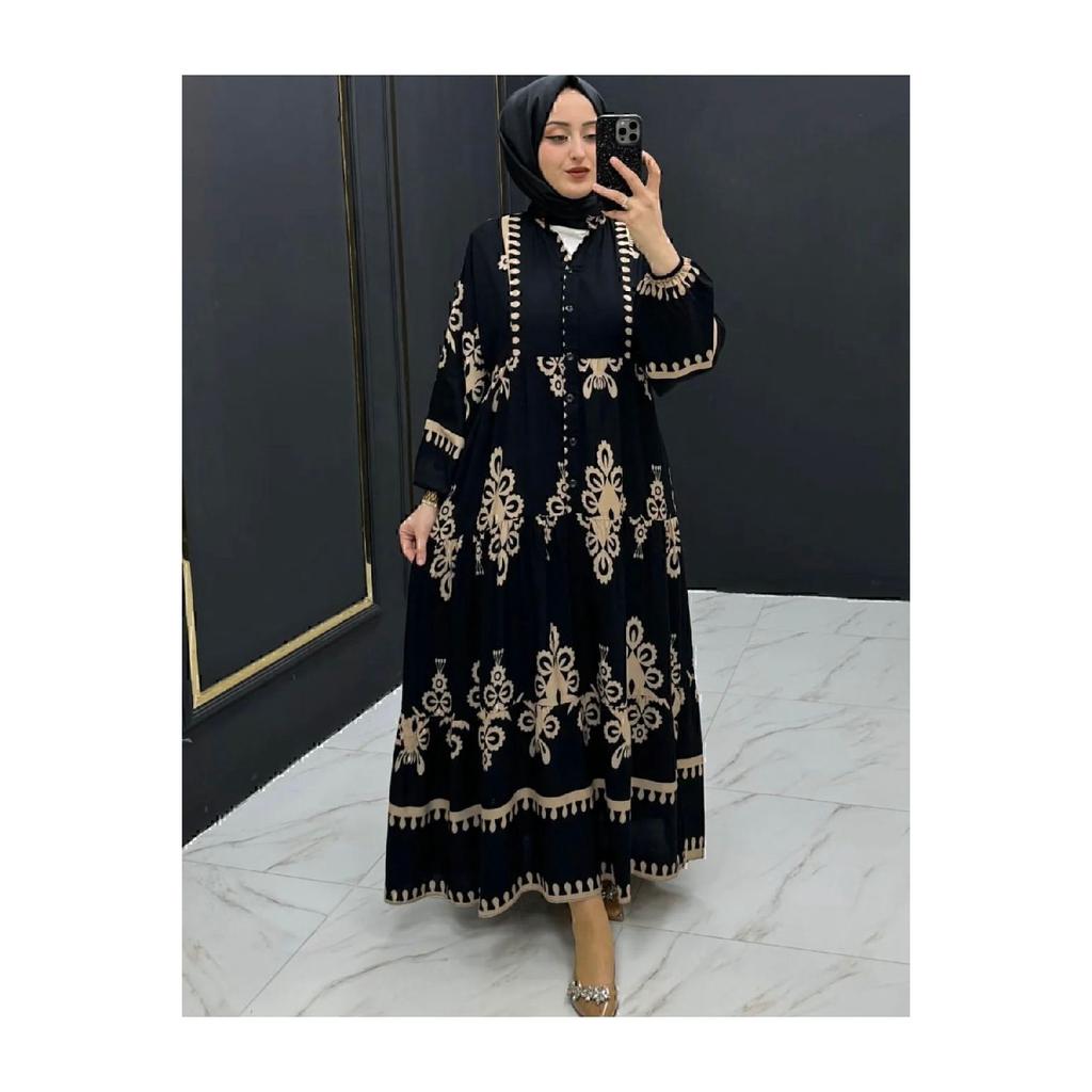 Loses Hijab aus Viskosestoff, schwarzes Hijab-Kleid mit ethnischem Muster