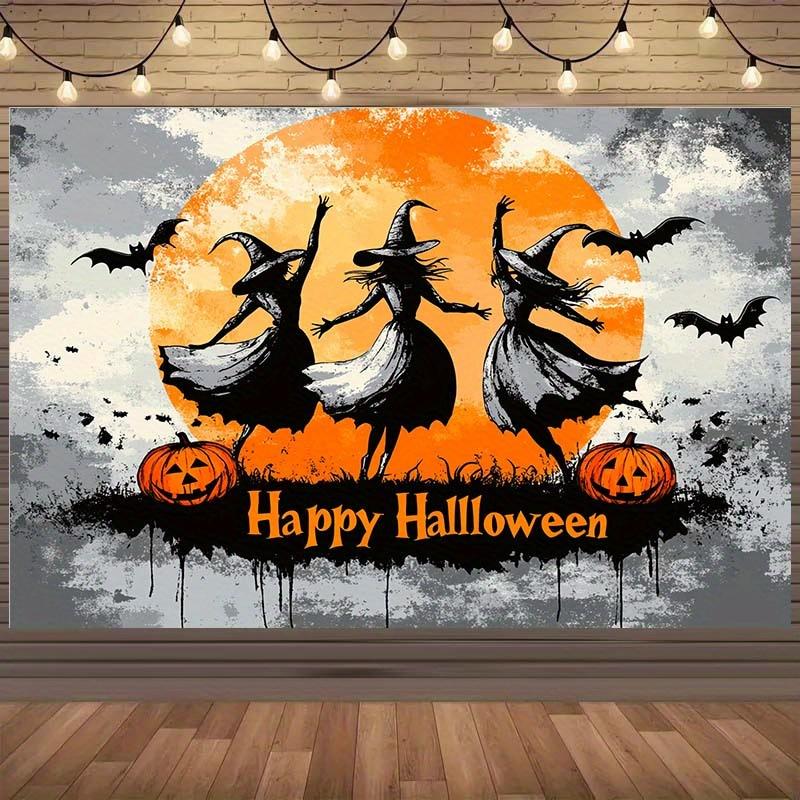 1 Stück Halloween-Hintergrundtuch inklusive 3 Hexen Vollmond Fledermäuse und Kürbis Halloween-Dekorationen einfach zu installieren
