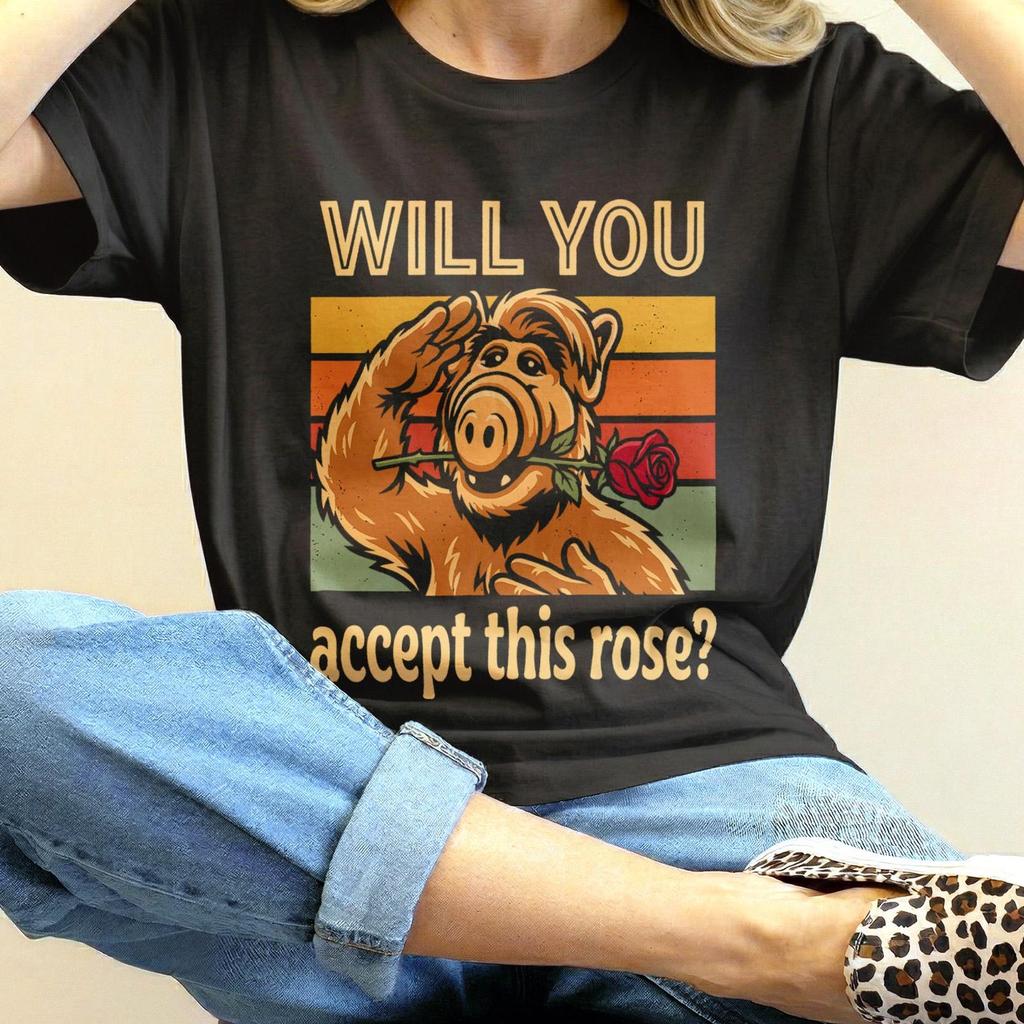 ALF T-Shirt | 80s retro alien holding rose unisex tee