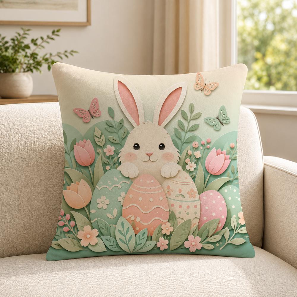 Art Spring Bunnies and Easter Eggs Cushion Cover Soft Short Plush SkinFriendly Cushion Case for MultiScene Use