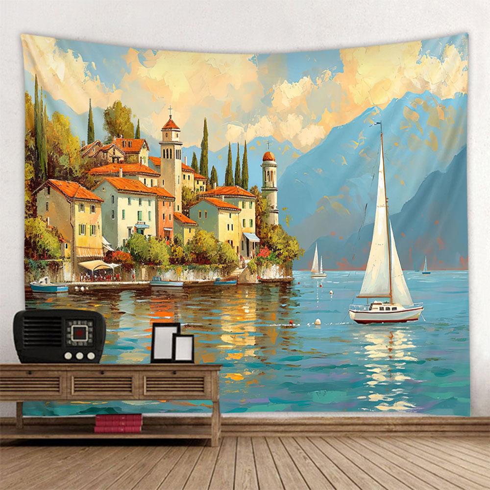 Sea View Oil Painting Printed Tapestry Wall Hanging Living Room Bedroom Wall Decoration Outdoor Picnic Bed Sheets Beach Mats