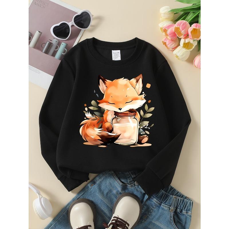 European Sizes Girls' Soft Crewneck Sweatshirt Cute Fox Holding Milk Jar Print, Casual All-Match, Ideal Holiday Present