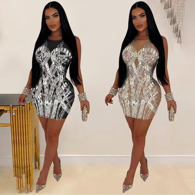 Women's Fashion Solid Color Mesh Short Dress with Hot Drilling