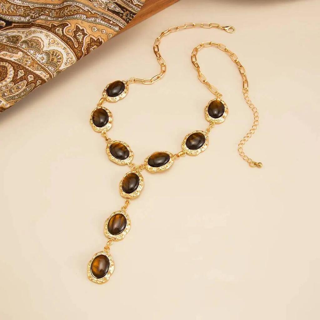 IngeSight.Z Retro Ethnic Brown Tiger Eye Stone Resin Pendant Necklace Women Trendy Yshaped Sweater Chain Party Jewelry Accessory