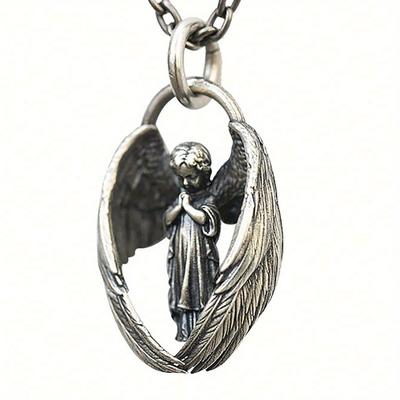 Angel Wing Prayer Oval Pendant Necklace Roman and Greek Statues for Women Fashionable Guardian Angel Charm Silver-Tone Chain Jewelry Accessory