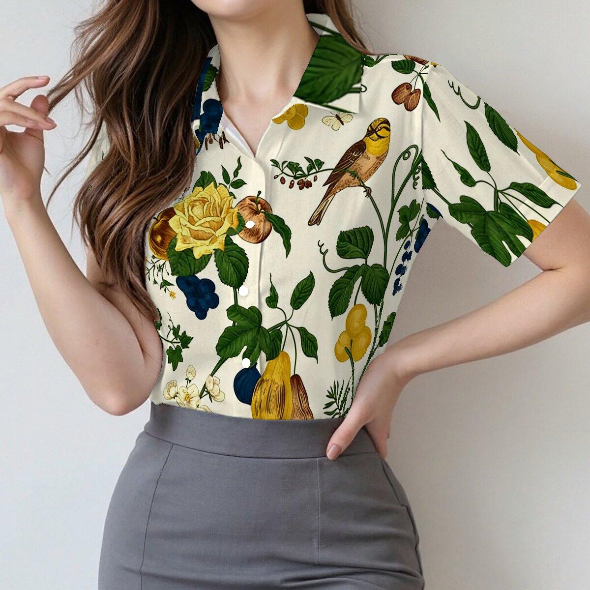 Women s Summer Short Sleeve Shirt with Floral, Bird and Plant Prints,natural Retro Charm Top S