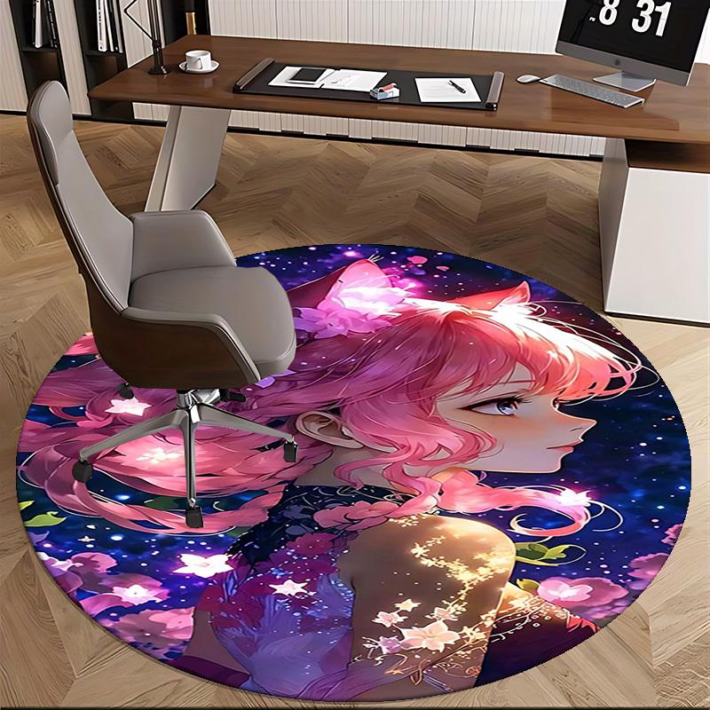 1pc Anime Design Round Carpet Office Chair Mat with Floral Prints, Non Slip Rug for Home Decor, All Seasons