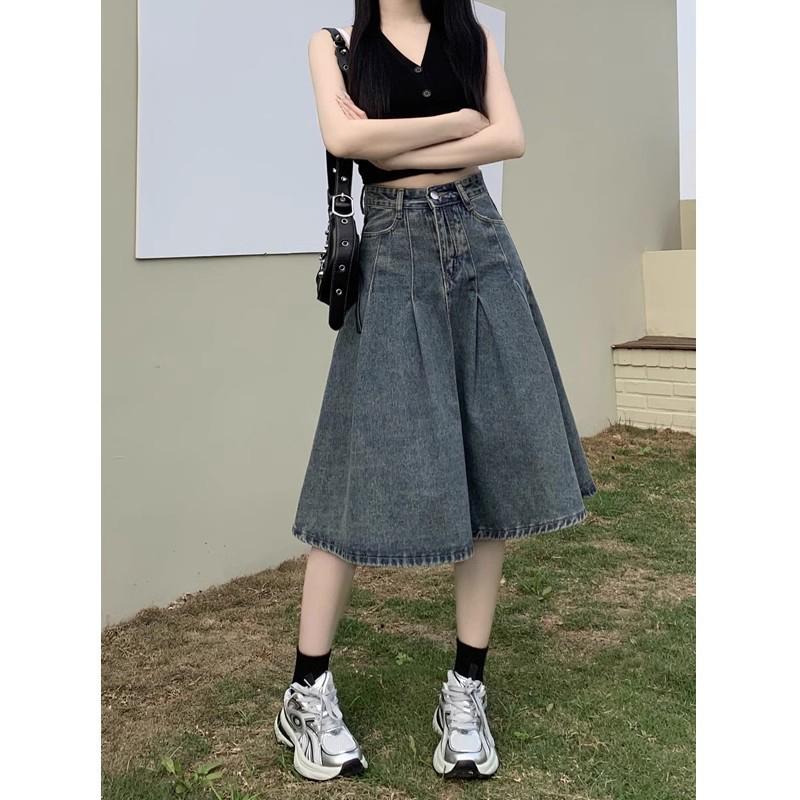 High Waist A-Line Denim Skirt Midi Dress Vintage Style Casual High Oil Women's Fashion European Goods Skirt Dress