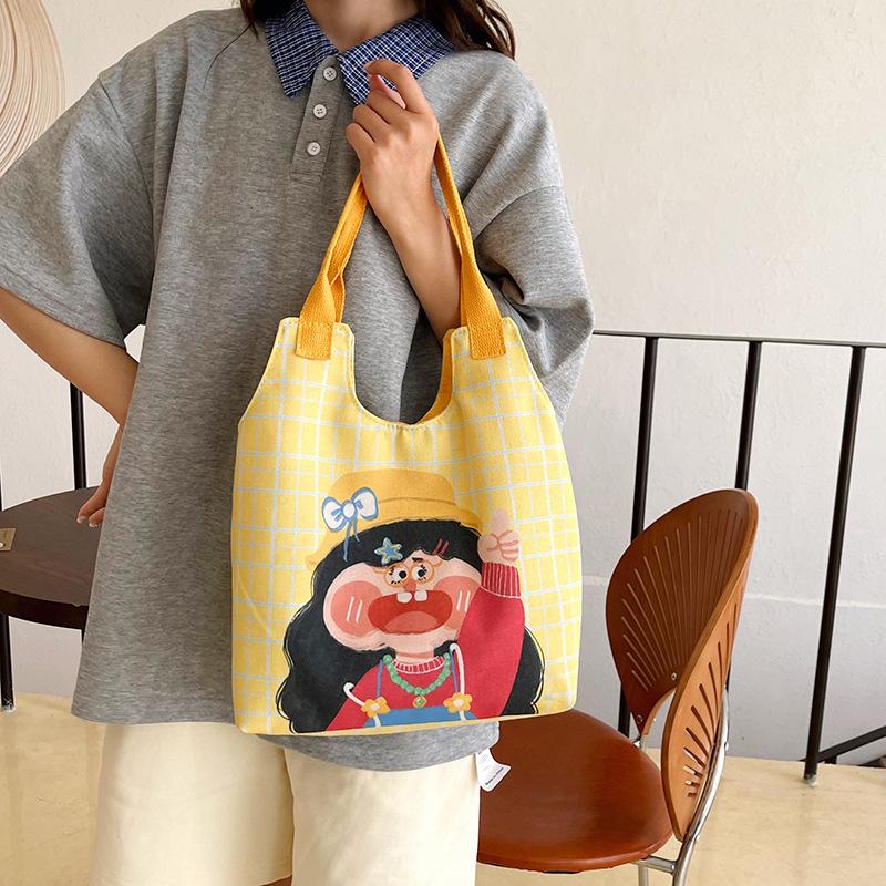 2025 Cartoon Illustration Canvas Bag Female Office Worker Large Capacity Funny Graffiti Handheld Shoulder Bag
