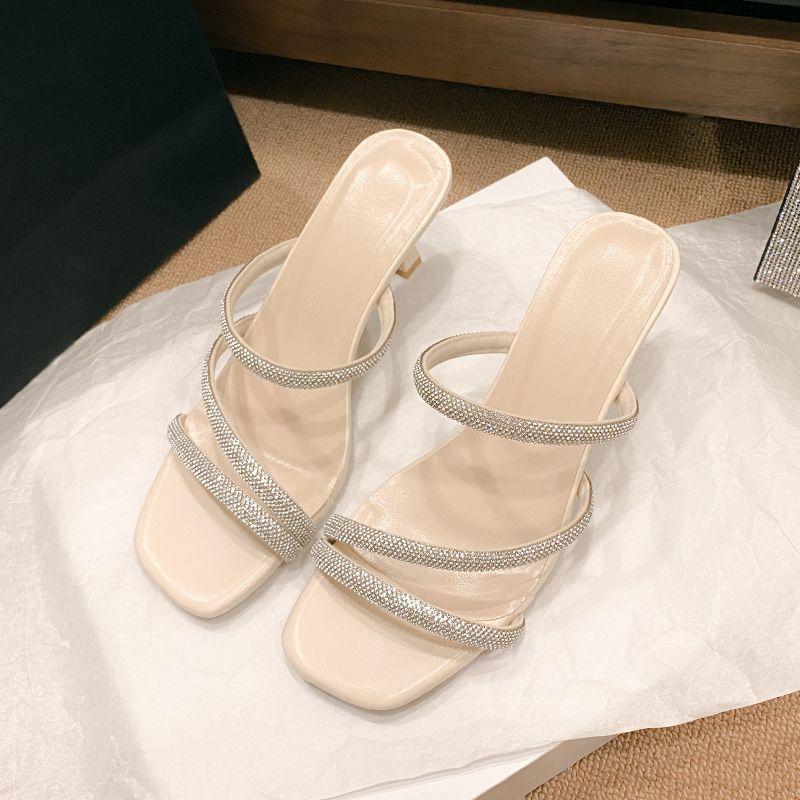 Internet celebrity with skirt versatile high heels 2025 new popular outer wear niche design light mouth stiletto one-word slippers
