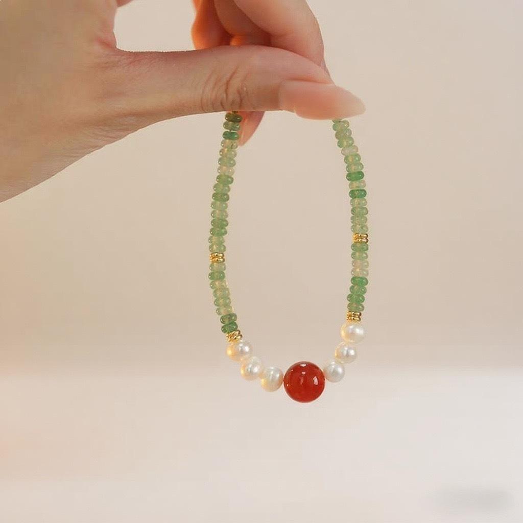 

Retro Natural Stone Red Agate Jade Freshwater Pearl Beads Beaded Necklace for Women 18K Real Gold Copper Chain Chokers