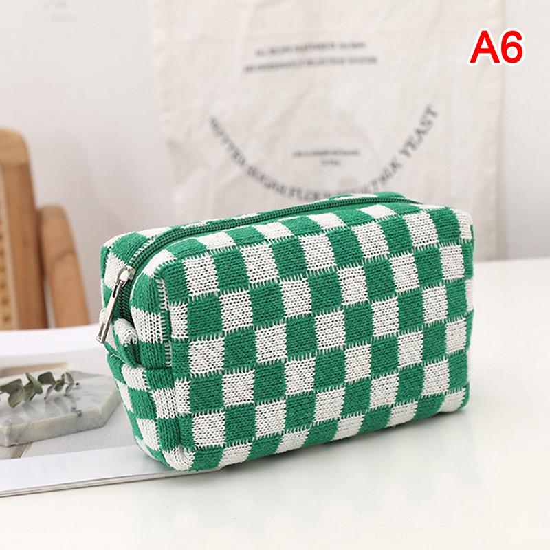 Ins Checkerboard Knitted Pencil Case Big Capacity Pen Bag Zipper Stationary