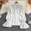 Flare Long Sleeve Standing Collar Ruffled Blouse Women Vintage White Acetate Satin Shirt French Style Loose Lady Tops 29939