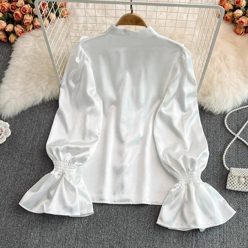 Flare Long Sleeve Standing Collar Ruffled Blouse Women Vintage White Acetate Satin Shirt French Style Loose Lady Tops 29939