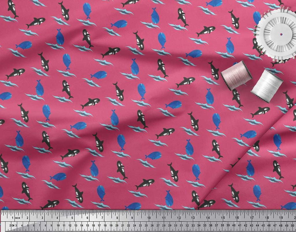 Soimoi Japan Crepe Satin Fabric Waves,Whale & Dolphin Ocean Decor Fabric Printed metre 42 Inch